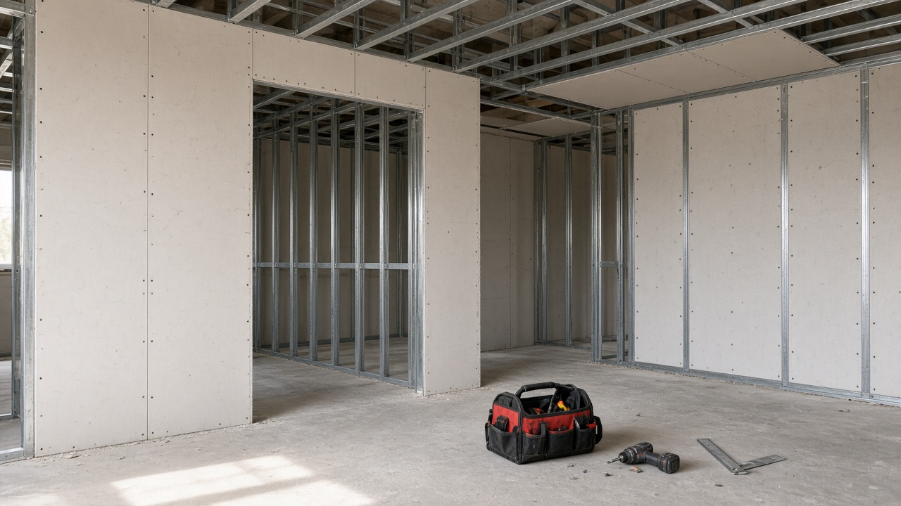 Estrutura metálica de drywall em montagem